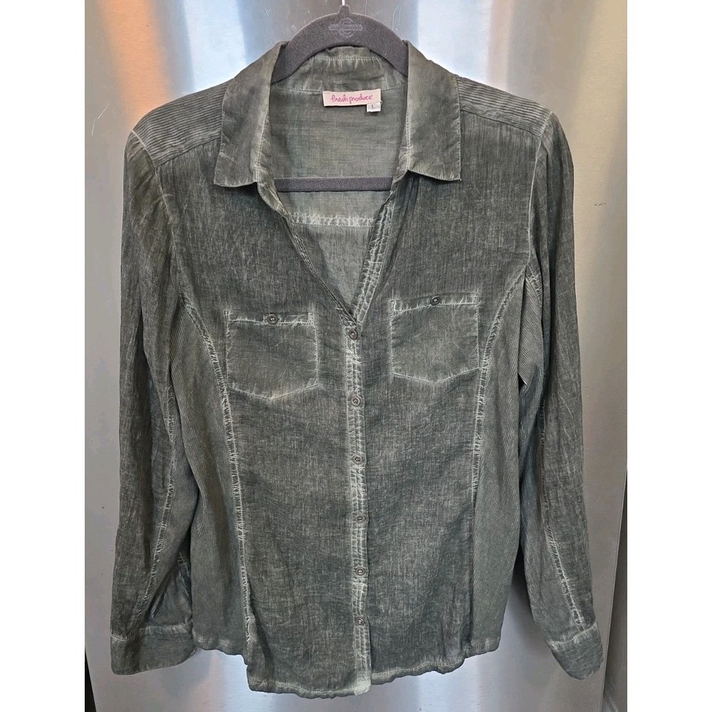 Fresh Produce L Sun Kissed Button Up Shirt Poplin Roll Tab Greenish Grey Ribbed